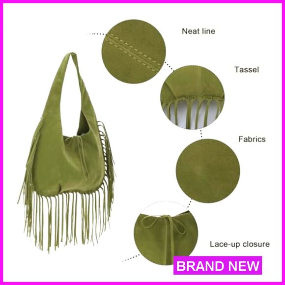 Vegan Faux Suede Hobo Bag with Fringe Tassel Shoulder Purse - Picture 5 of 7